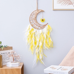 Yellow Moon with Tree of Life Natural Sunstone Chips Woven Web/Net with Feather Decorations, Home Decoration Ornament Festival Gift, Yellow, 160mm
