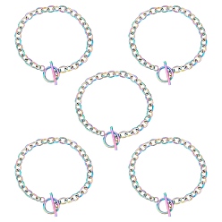 Rainbow Color Unisex 304 Stainless Steel Cable Chain Bracelets, with Toggle Clasps, Rainbow Color, 7-5/8 inch(19.4cm), 5mm, 10pcs/box