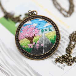 Colorful DIY Embroidery Flower Pendant Necklace Making Kit, Including Alloy Cable Chains & Pendant Cabochon Settings, Needle Pin, Cotton Thread, Plastic Embroidery Hoops, Colorful, 920mm