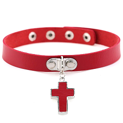 Red PU Leather Adjustable Choker Necklace, Alloy Cross Pendant Necklace with Stainless Steel Snap Buttons for Women, Red, 15.75 inch(40cm)