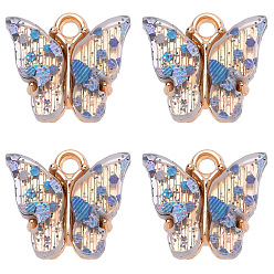 Steel Blue Transparent Acrylic Charms, with Golden Tone Alloy Findings and Sequins, Butterfly Charm, Steel Blue, 14x14mm