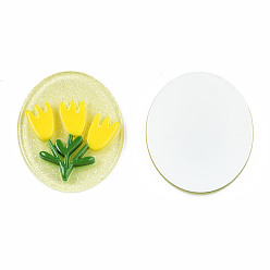 Yellow Acrylic & Resin, with Glitter Powder, Oval with Flower, Yellow, 29.5x25x4.5mm