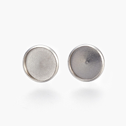 Stainless Steel Color Eco-Friendly 316 Surgical Stainless Steel Stud Earring Settings, Flat Round, Stainless Steel Color, Tray: 12mm, 14x2mm, Pin: 0.7mm