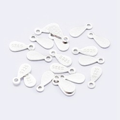 Silver 925 Sterling Silver Chain Tabs, with S925 Stamp, teardrop, Silver, 8x3.5x0.5mm, Hole: 1mm, about 90pcs/10g