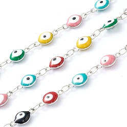Mixed Color 304 Stainless Steel Enamel  Link Chains, Evil Eye & Heart, Unwelded, with Spool, Stainless Steel Color, Mixed Color, 11x6x3mm, 16.4 Feet(5m)/roll