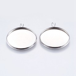 Stainless Steel Color 304 Stainless Steel Pendant Cabochon Settings, Plain Edge Bezel Cups, Flat Round, Stainless Steel Color, Tray: 25mm, 32x27x2mm, Hole: 2x3mm