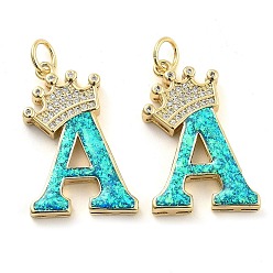 Letter A Латунные микропаве прозрачные подвески с фианитом, с синтетическим опалом, реальный 18 k позолоченный, с целью перехода в кольце, буква a, 26.5~33x14~23.5x3.5~4.5 мм, отверстие : 4.5 мм