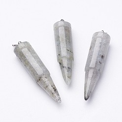 Labradorite Natural Labradorite Pointed Pendants, with 201 Stainless Steel Split Rings, Bullet, Stainless Steel Color, 42~46x10mm, Hole: 5mm