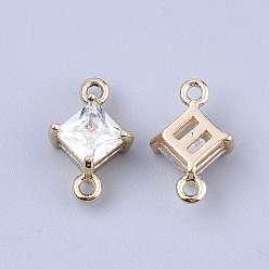 Clear Transparent Glass Links connectors, with Brass Findings, Faceted, Rhombus, Light Gold, Clear, 11x7x4mm, Hole: 1mm, Side Length: 5mm