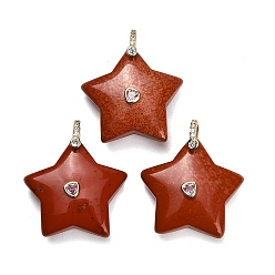 Red Jasper Natural Red Jasper Pendants, Star Charms, with Brass Pave Cubic Zirconia Findings, Golden, 30~32.5x31.5~34x11~12.5mm, Hole: 6x7mm