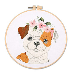 Dog DIY Puppy Dog Embroidery Kit for Beginners, Included Plastic Embroidery Hoop, Needle, Threads, Cotton Fabric, Bulldog Pattern, Hoop: 20x20cm