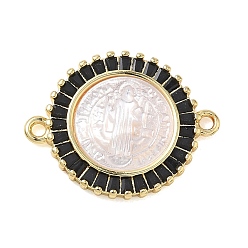 Черный Натуральная раковина, резная, религиозная медаль Святого Бенедикта, соединительные подвески, звенья из латуни с инкрустацией кубическим цирконием, реальный 18 k позолоченный, стойки покрытие, долговечный, без кадмия и без свинца, чёрные, 18.5x23.5x3.5 мм, отверстие : 1.6 мм