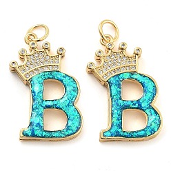 Letter B Латунные микропаве прозрачные подвески с фианитом, с синтетическим опалом, реальный 18 k позолоченный, с целью перехода в кольце, В письме, 26.5~33x14~23.5x3.5~4.5 мм, отверстие : 4.5 мм