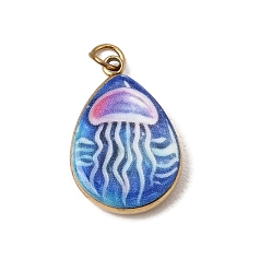 Marine Blue Printed 304 Stainless Steel Pendants, Teardrop with Jellyfish Charms, Ion Plating(IP), Long-Lasting Plated, Golden, Marine Blue, 18x12x3mm, Hole: 2.5mm