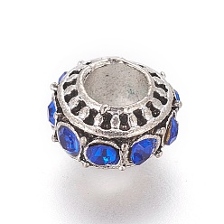 Sapphire Tibetan Style Alloy European Beads, with Rhinestone, Large Hole Beads, Rondelle, Sapphire, 10~11x7mm, Hole: 5mm