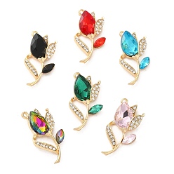 Mixed Color Rack Plating Alloy Pendants, with Rhinestone and Glass, Flower Charm, Golden, Mixed Color, 32.5x16.5x7mm, Hole: 1.6mm