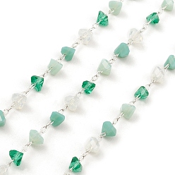 Medium Aquamarine Natural Mixed Gemstone Triangle Beaded Chains, with Brass Findings, Unwelded, with Spool, Medium Aquamarine, 2x1.5x0.2mm, 4.5x4.5x3mm