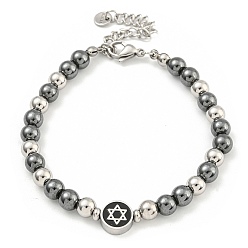 Star of David 304 Женские браслеты из нержавеющей стали и синтетического немагнитного гематита с круглыми бусинами, звезда Давида, 6-7/8 дюйм (17.5 см)