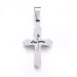 Stainless Steel Color 304 Stainless Steel Pendants, with Hollow, Cross, Stainless Steel Color, 28x17x2.2mm, Hole: 8x4mm