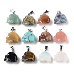 Mixed Stone Natural & Synthetic Mixed Gemstone Pendants, Halloween Skull Charms with Platinum Plated Iron Snap on Bails, 17~19x18.5~20x10~11mm, Hole: 6x3.5mm