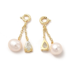 Real 14K Gold Plated Brass Pave Clear Cubic Zirconia Teardrop Spring Ring Clasp Charms, with Natural Pearl Round Beads, Real 14K Gold Plated, 30mm, Bead: 30x9x7.5mm, Teardrop: 26x5x2.5mm