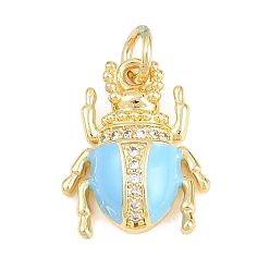 Небесно-голубой Латунные микропаве прозрачные подвески с фианитом, с эмалью, Подвески в виде жука/божьей коровки, долговечный, стойки покрытие, без свинца и без кадмия, реальный 18 k позолоченный, голубой, 15x12x4 мм, отверстие : 3.5 мм