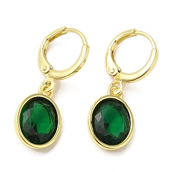 Green Real 18K Gold Plated Brass Dangle Leverback Earrings, with Oval Glass, Green, 27x10mm