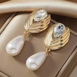 Золотой Rhinestone сплава болтаться серьги, с пластиковой жемчужины, слеза, золотые, 70x28 мм