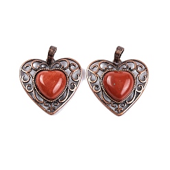 Red Jasper Natural Red Jasper Peach Love Heart Pendants, Rack Plating Brass Hollow Heart Charms, Cadmium Free & Lead Free, Red Copper, 29.5x30.5x7.5mm, Hole: 7.5x5mm