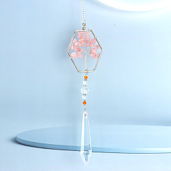 Hexagon Crystals Hanging Pendants Decoration, with Natural Rose Quartz Chips and Alloy Findings, for Home, Garden Decoration, Hexagon, 230mm
