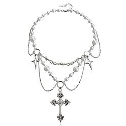 ZW850 steel color Double-layer high-gloss imitation pearl tassel love butterfly cross necklace - European and American jewelry.