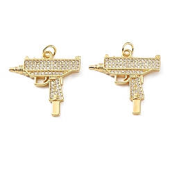 Белый Латунные микро проложить кубического циркония подвески, подвески в форме пистолета, реальный 18 k позолоченный, белые, 24x24.5x2 мм, отверстие : 3 мм