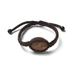 Унакит Регулируемые овальные браслеты из натурального унакита с плетеными бусинами, внутренний диаметр: 2-1/8~3-1/8 дюйм (5~8 см)