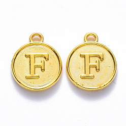 Letter F Сеттинги для кулона(кабошонов), сплав, для эмали, без кадмия и без свинца, плоские круглые с буквы, золотой свет, буква f, 14x12x2 мм, отверстие : 1.5 мм