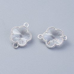 Clear Glass Links connectors, with Eco-Friendly Alloy Open Back Berzel Findings, Flower, Silver Color Plated, Clear, 15.5x12x5mm, Hole: 1.4mm