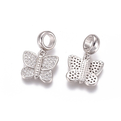 Platinum Brass Micro Pave Cubic Zirconia European Dangle Charms, Large Hole Pendants, Butterfly, Clear, Platinum, 21mm, Butterfly: 12.5x13.5x2mm, Hole: 5mm