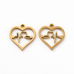 Golden Ion Plating(IP) 304 Stainless Steel Charms, Heart with Heartbeat, Golden, 13.5x13x1.4mm, Hole: 1.4mm