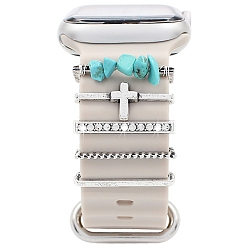 Antique Silver Cross Alloy Rhinestones Watch Band Charms Set, Watch Band Decorative Ring Loops, with Synthetic Turquoise Chips, Antique Silver, Inner Diameter: 2.2x0.35cm, 5pcs/set.