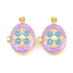 Фиолетовый Подвески латуни медальон, с эмалью и абс пластика имитация жемчуга, без кадмия и без свинца, реальный 18 k позолоченный, стойки покрытие, долговечный, цветок с овальными подвесками, фиолетовые, 26.5x21x11 мм, отверстие : 3x5 мм