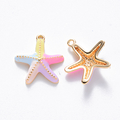 Colorful Brass Enamel Charms, Nickel Free, Starfish/Sea Stars, Real 18K Gold Plated, Colorful, 14x13.5x3.5mm, Hole: 1mm