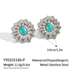 Серебро Серьги-гвоздики из нержавеющей стали с синтетической бирюзой в виде цветка, серебряные, 30 мм