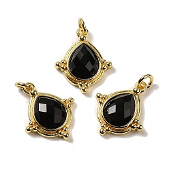 Black Onyx Natural Black Onyx(Dyed & Heated) Faceted Pendants, Rhombus Charms with Rack Plating Golden Tone Brass Findings, Cadmium Free & Lead Free, 19.5x16x5mm, Hole: 3mm