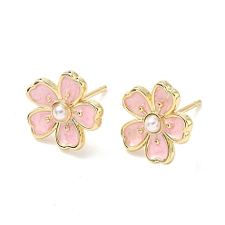 Pink Серьги-гвоздики с цветочным рисунком из латуни и АБС-пластика с жемчугом, с эмалью, без кадмия и без свинца, долговечный, стойки покрытие, реальный 18 k позолоченный, розовые, 12.5x13 мм