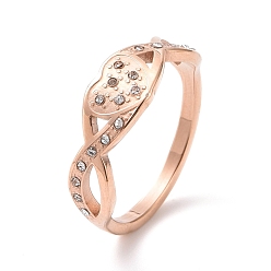 Rose Gold Crystal Rhinestone Infinity with Heart Finger Ring, Ion Plating(IP) 304 Stainless Steel Jewelry for Women, Rose Gold, US Size 6~9(16.5~18.9mm)