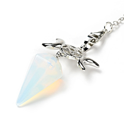 Opalite Gemstone Hexagonal Pointed Dowsing Pendulums, with Platinum Tone Brass Findings and Chains, Cadmium Free & Lead Free, Cone with Triple Moon, 230~250mm, pendant: 50~54x26x15~16.5mm, Hole: 1.8x2.2mm