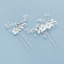 silver two-piece set Bride Alloy Crystal Hairpin U-shaped Clip - Wedding Headpiece, Floral Design