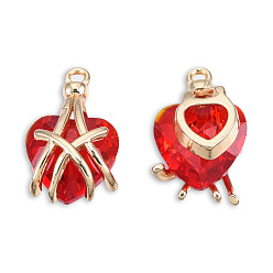 Red Transparent K9 Glass Pendants, with Light Gold Plated Brass Findings, Cadmium Free & Lead Free, Faceted, Heart, Red, 16x10x8mm, Hole: 1.2mm