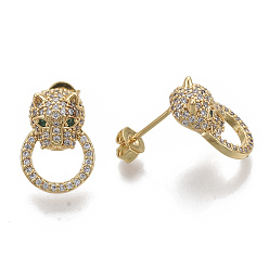 Real 16K Gold Plated Brass Micro Pave Cubic Zirconia Stud Earrings, Door Knocker Earrings, with Earring Backs, Nickel Free, Leopard, Real 16K Gold Plated, 15.5x11mm, Pin: 1mm