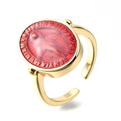 Красный Латунные эмалевые регулируемые манжеты, овал с медалью «Женщина с чудотворением», без свинца и без кадмия, стойки покрытие, долговечный, реальный 18 k позолоченный, красные, овальный : 17.5x13.5 mm, внутренний диаметр: регулируемый