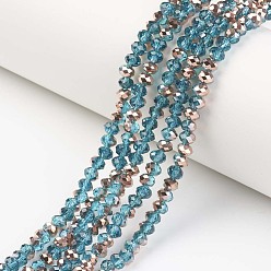 Dodger Blue Electroplate Transparent Glass Beads Strands, Half Copper Plated, Faceted, Rondelle, Dodger Blue, 3.5x3mm, Hole: 0.4mm, about 123~127pcs/strand, 13.7~14.1 inch(35~36cm)